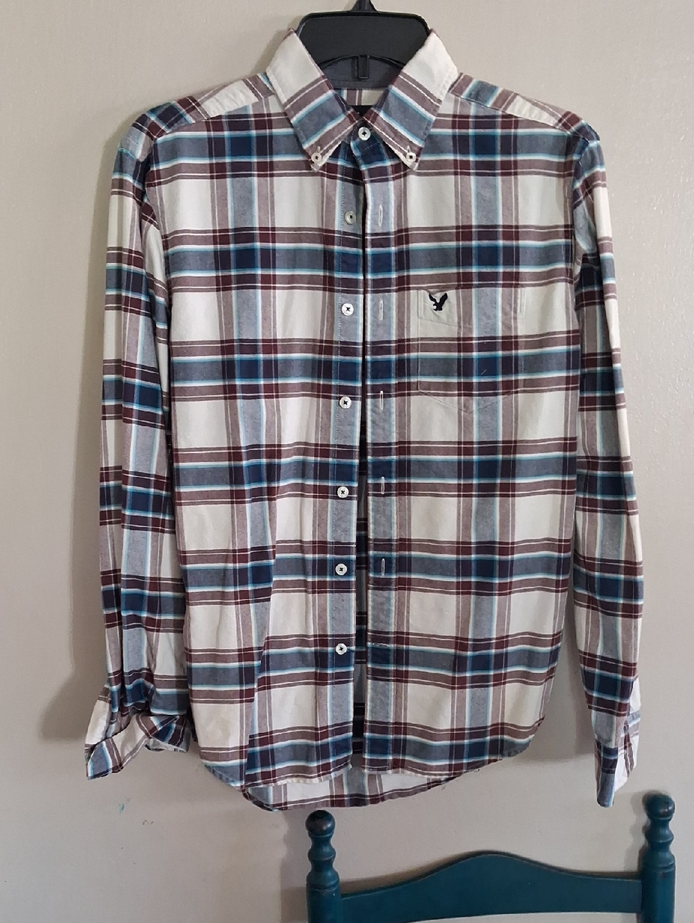 American Eagle Outfitters White Plaid Button-Down with Blue & Brown Stripes